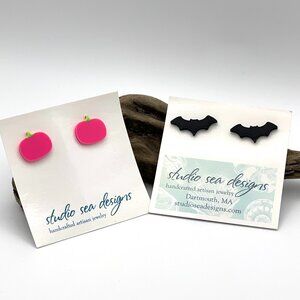 Pumpkin and Bat Sterling Silver Earrings-Halloween Earrings-New!